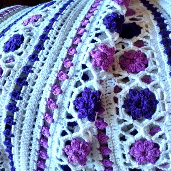 Hand Crocheted Blanket: Purple on White background:Size 105" x 68" approx - Picture 3 of 11